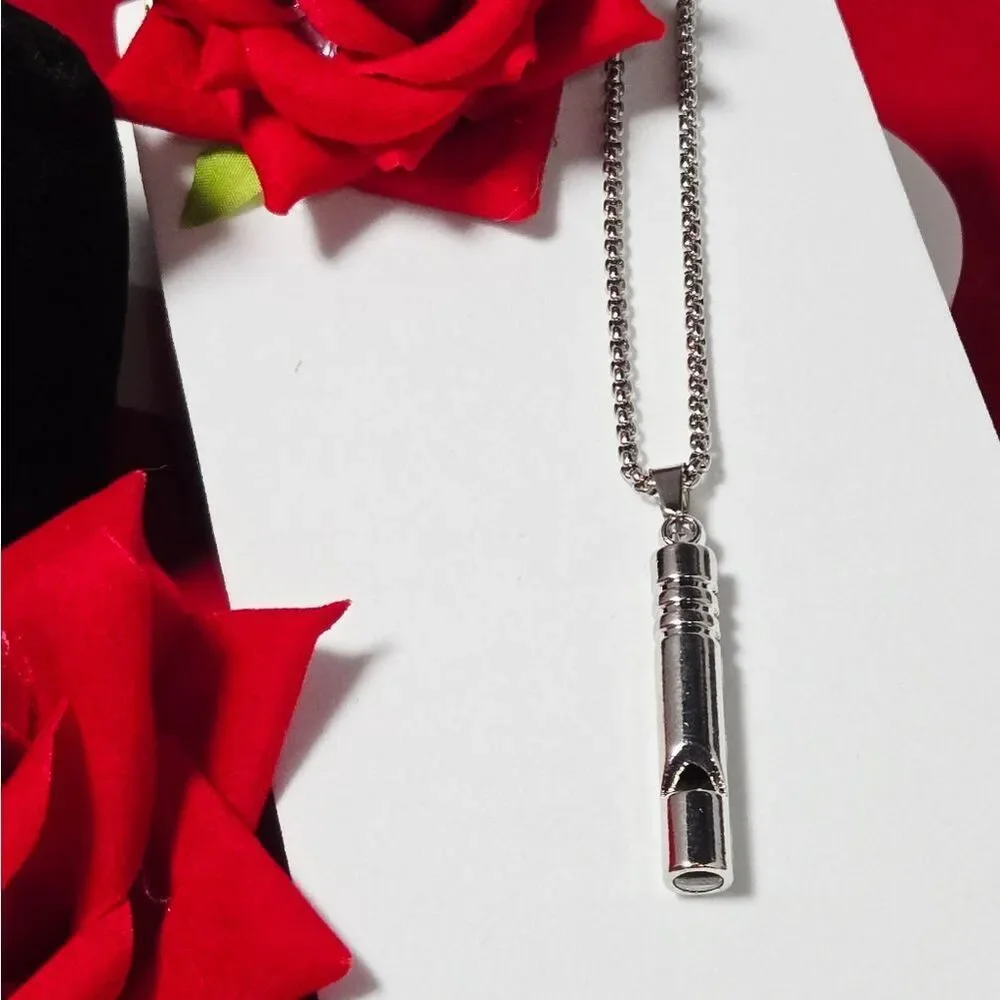 Silver Stainless Steel Whistle Pendant Necklace | Minimalist Cylinder Jewelry